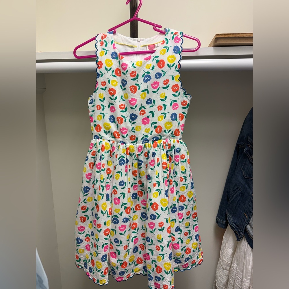 Mini Boden linen Tulip Easter Dress with embroidered Scalloped Trim